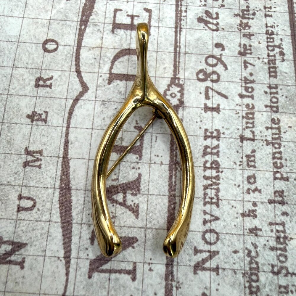 1950s Vintage Large Gold Tone Wishbone Brooch Pin Good Luck Symbol Estate - Picture 6 of 11